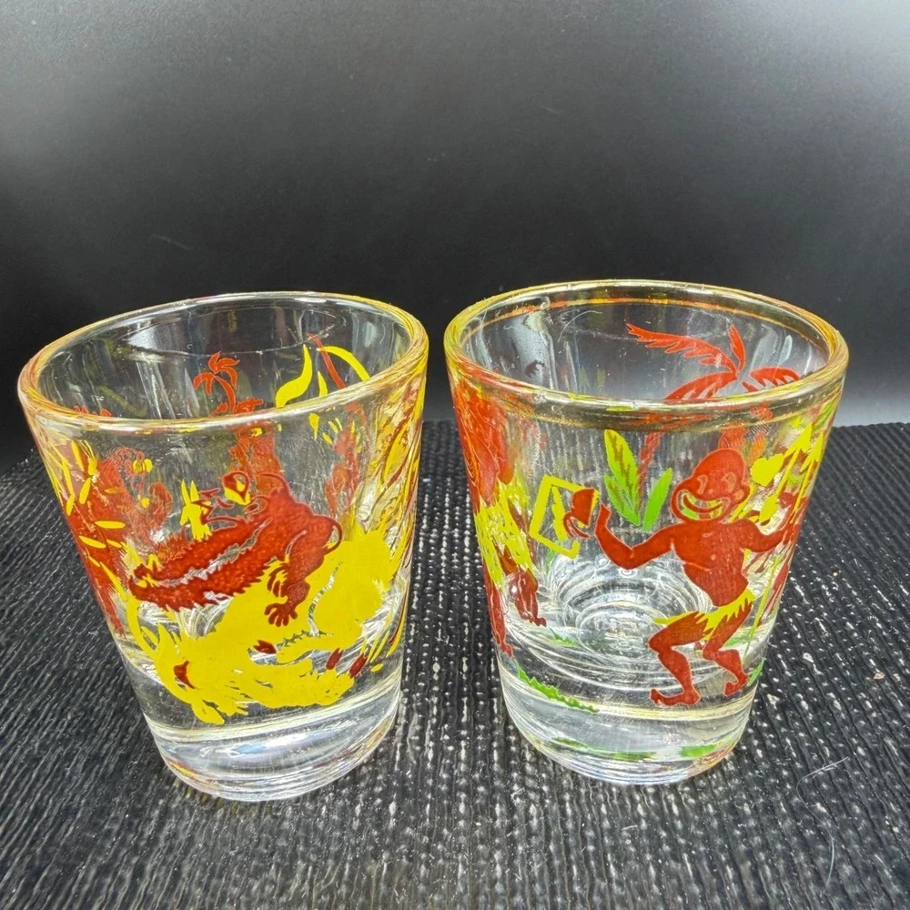 1950s Tiki Shot Glass Set 2 Bottoms Up Heres Looking At You Gold Rim Tropical - Picture 10 of 12